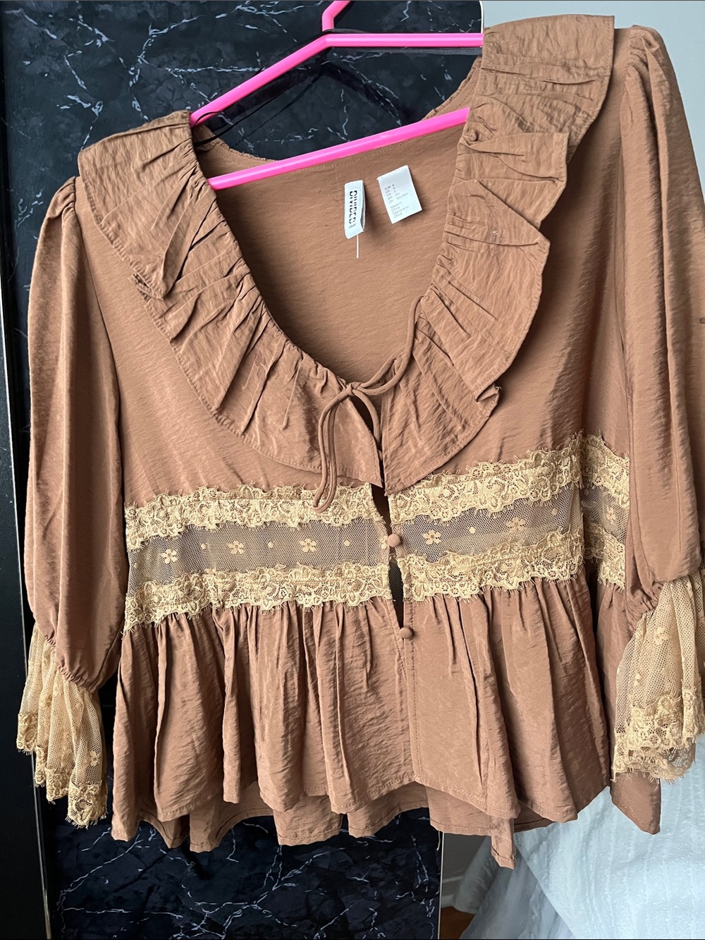 H&M Brown Ruffled Lace-Trim Peplum Bodysuit
